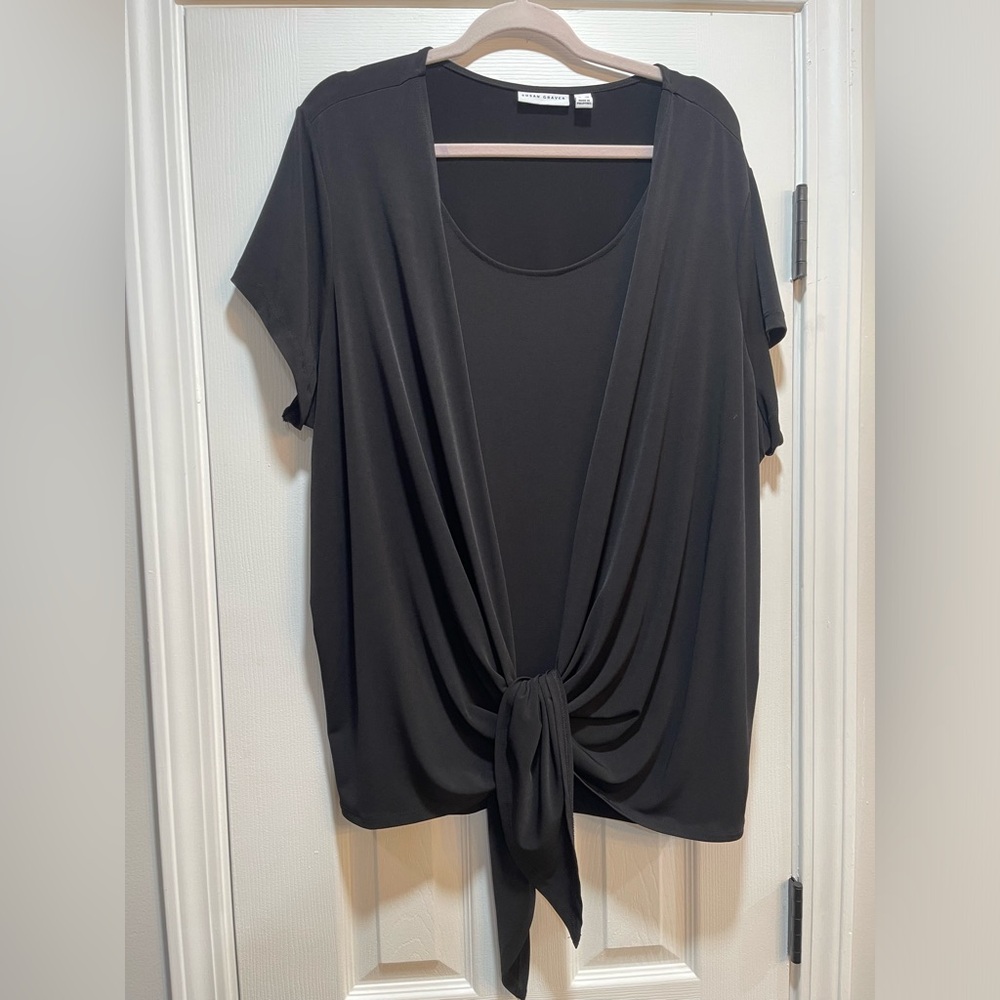Susan Graver Black Tie Front Short Sleeve Blouse